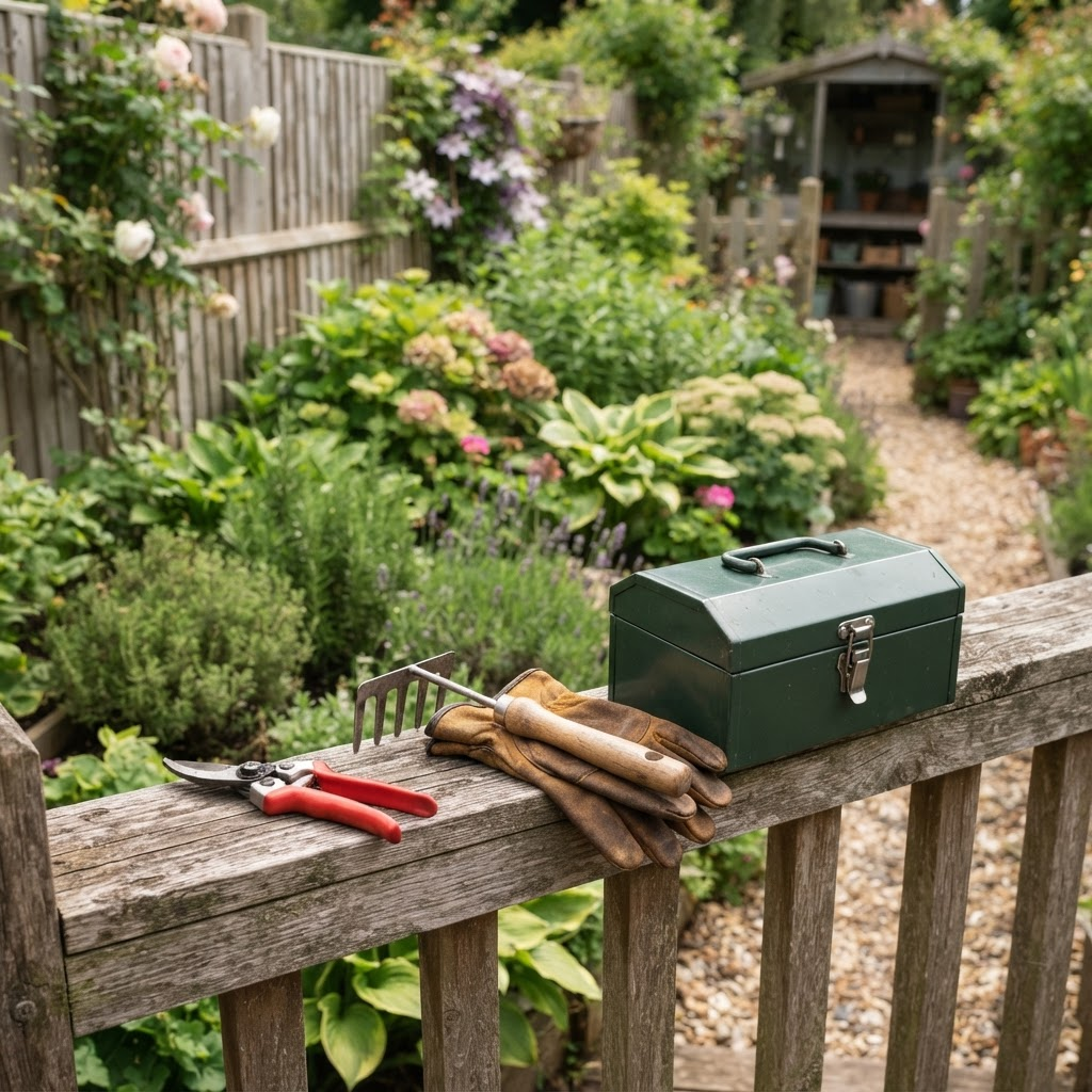 Gardening and maintenance tools arranged on a timber fence rail beside a tidy garden bed